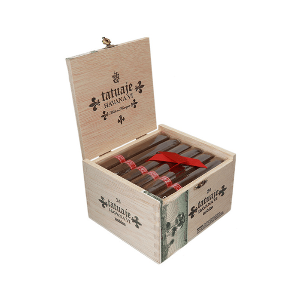 An open wooden box displays Tatuaje Havana VI Nobles cigars arranged in two rows, with “tatuahe HAVANA VI” labeling on both the inside and outside of the lid. These Nicaraguan cigars are crafted with a premium Ecuadorian Habano wrapper, offering an exceptional smoking experience.