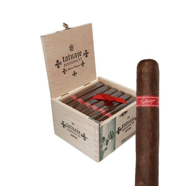An open box of Tatuaje Havana VI Nobles showcases several cigars, each skillfully crafted with an Ecuadorian Habano wrapper, while a single Nicaraguan cigar stands upright in the foreground.