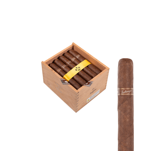 A wooden box of Tatuaje Miami Regios by Tatuaje, featuring brown-wrapped cigars with "Jalapa" bands; one Nicaraguan puro is partially removed and displayed separately.