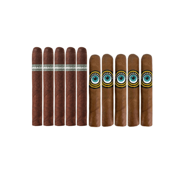 Eight cigars with a plain band are displayed next to eight cigars featuring a blue eye logo band, all aligned vertically on a white background—ideal for aficionados of The Dark Rotation 10 Cigar Sampler or those seeking standout singles from this exclusive collection.