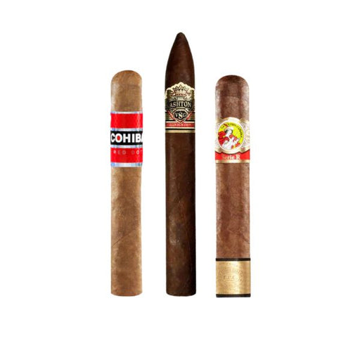 Three cigars stand upright side by side—a premium Top Shelf Selection Sampler from After Action Cigars—displayed against a clean white background.