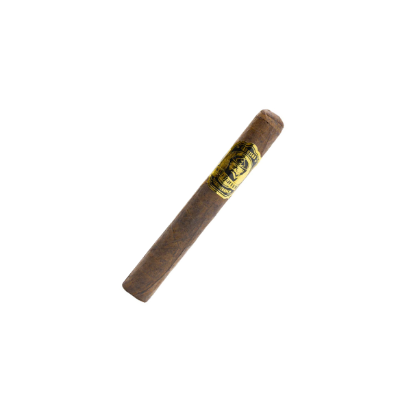 The Warfighter .50 Cal Garrison Oscuro Maduro Robusto by Warfighter Tobacco, with a yellow and black band featuring logo and text, is shown on a white background—a full-bodied cigar ideal for discerning smokers.