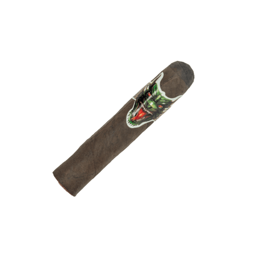 A box of Big Sky Cigar Cryptid Gordo cigars labeled “Cryptid 5 x 60,” with bands showcasing a green, snarling creature’s face. One Cryptid Gordo cigar—featuring a robust Mexican San Andrés wrapper and Nicaraguan core—is displayed upright next to the box.